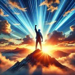 A breathtaking illustration of a victorious figure standing on a mountain peak, silhouetted against a radiant sunrise and dramatic beams of light, symbolizing achievement, success, and inspiration