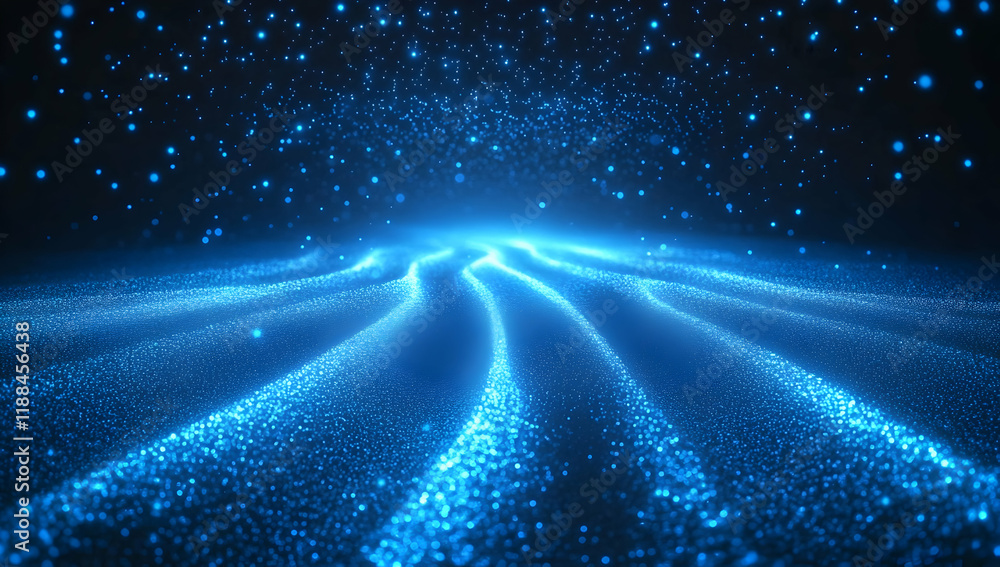 Poster abstract blue glowing background with a low-poly polygonal network of dots and lines, a connection s