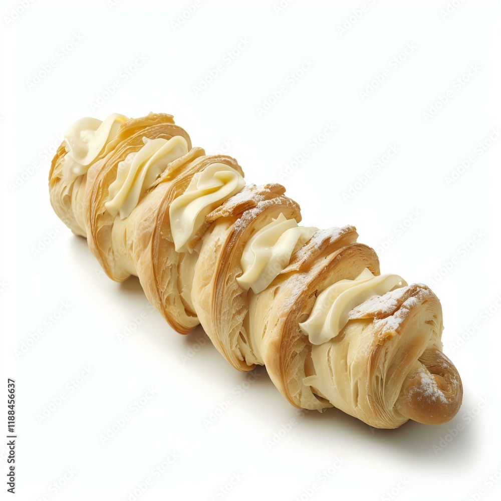 Poster long puff pastry filled with sweet cream and sprinkled with powdered sugar, creating a tempting trea