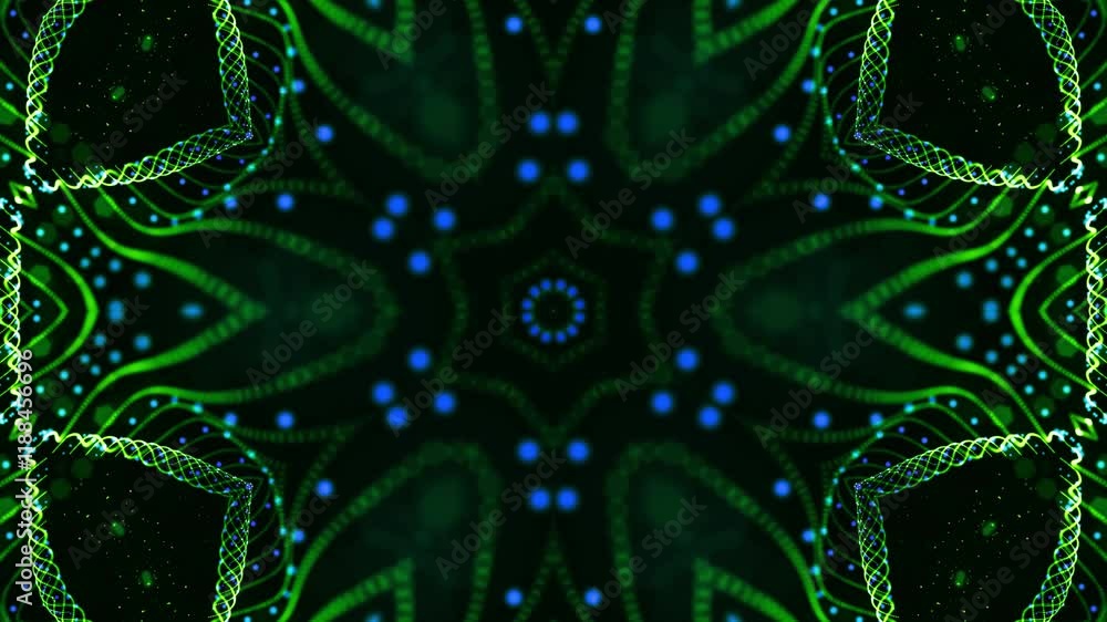 Poster experience the mesmerizing beauty of glowing green particle lines in this symmetrical vj loop footag