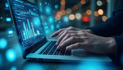closeup of hands typing on laptop, surrounded by digital data and graphs, creating modern and tech savvy atmosphere