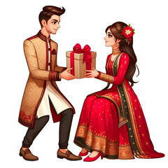 AI generative, A young couple in a festive sherwani and a gharara. Exchanging gifts in a modern cartoon art style with ruby, beige, and bronze colors.