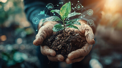 Ai generate thriving tree in hands nature environmental action digital esg insights outdoor sustainability concept