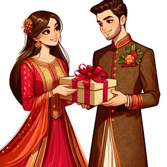 AI generative, A young couple in a festive sherwani and a gharara. Exchanging gifts in a modern cartoon art style with ruby, beige, and bronze colors.