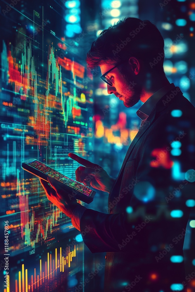 Poster businessman analyzing financial data on tablet with digital charts.