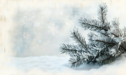 Frosty pine branch on snowy ground with snowflakes.