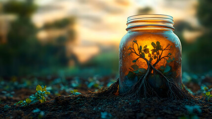 Glowing Tree in a Glass Jar at Sunset: A Symbol of Hope and Growth