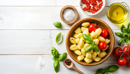 Italian Traditional Dish"Gnocchi al Pomodoro",potato gnocchi with tomatoes,ooive oil,garlics,parmesan,salt and basil on plate with white wood background.Easy and healthy vegetarian pasta.Top view
