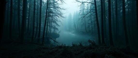 Obraz premium Dark forest with fog and pond