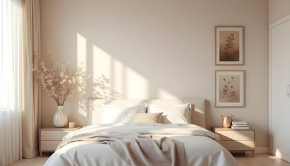 serene bedroom with soft color palette, featuring cozy bed, elegant decor, and natural light. atmosphere is calming and inviting