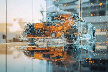 Digital representation of a futuristic car in a modern urban environment showcasing innovation