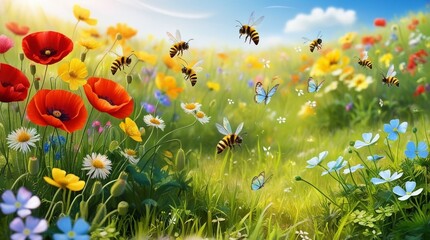 Obraz premium Imagine a vibrant meadow in springtime, bathed in warm sunlight, with a tapestry of colorful wildflowers, including velvety red poppies, delicate yellow daisies, and powder blue forget-me-nots, swayin