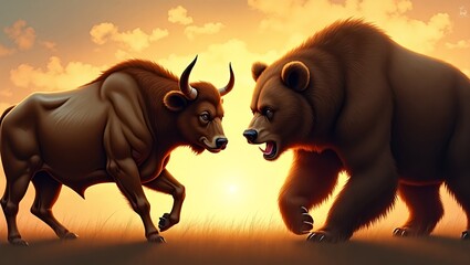 A large cow and a bear preparing for a face to face battle