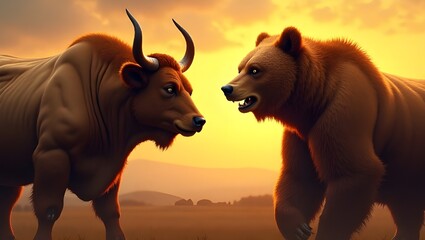 A picture of a large cow and a bear facing each other