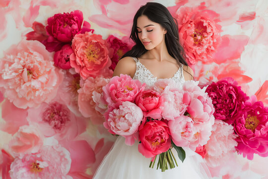 woman in a white dress with pink floral accents, standing in front of large, vibrant pink and red peonies. She is holding a bouquet of pink roses while gently touching the flowers.  