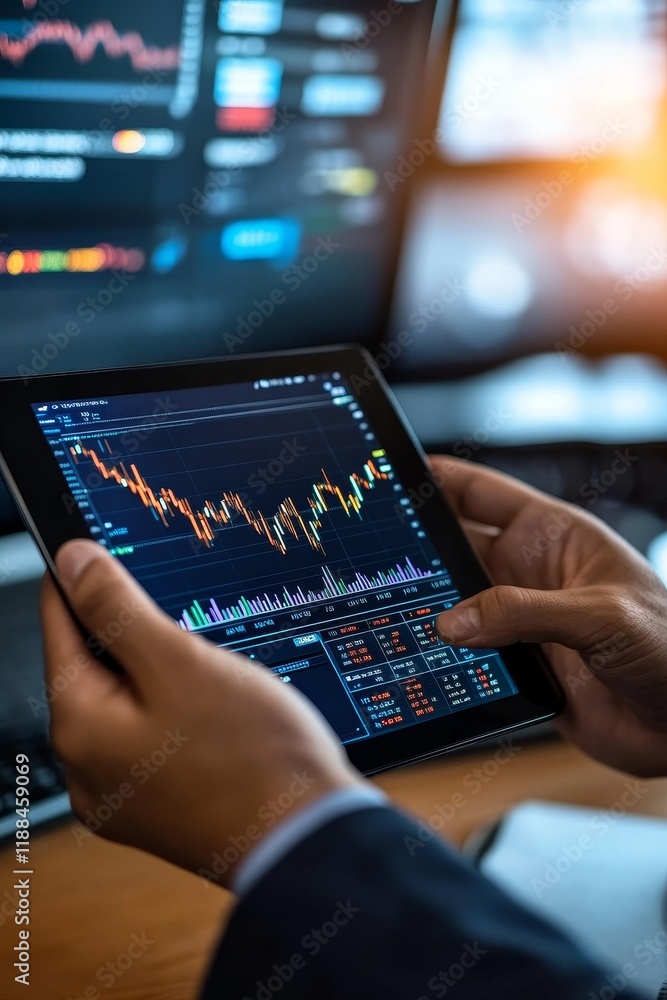 Poster close-up of hands holding tablet displaying stock market data.