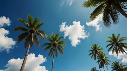 Obraz premium Green palm trees against blue sky and white clouds. Tropical jungle forest with bright blue sky, panoramic nature banner. Idyllic natural landscape, looking up, low point of view. Summer traveling