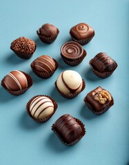 An assortment of various chocolate pralines on a light blue background