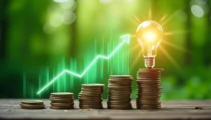 Coins stacked with glowing light bulb symbolizing sustainable growth and innovation in finance, showcasing bright future