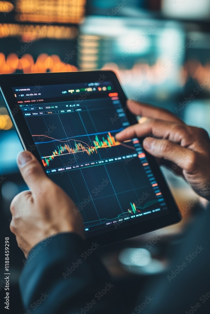 Poster Hands using tablet showing stock market data graphs.