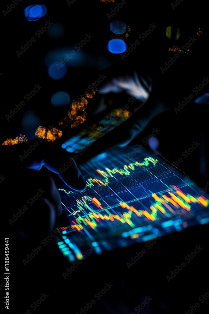 Poster Hands using tablet analyzing financial chart at night.
