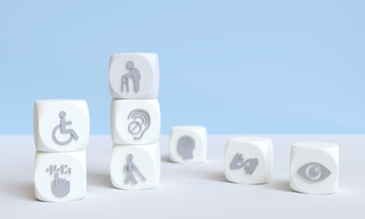 Disability icons on square cubes with copy space. 3D Rendering.