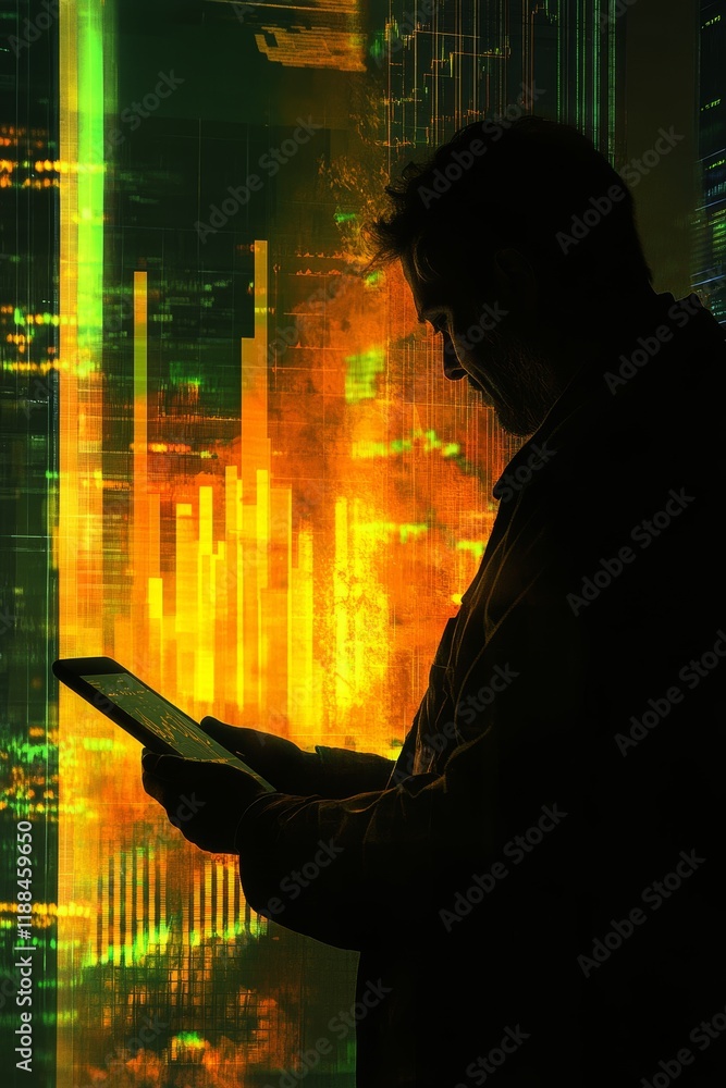 Leinwandbilder Silhouette of a man using a tablet against a backdrop of data streams and graphs.