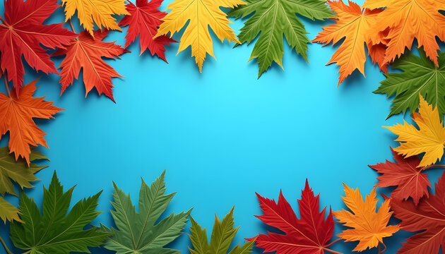 Colorful seasonal foliage on blue background creates vibrant autumn scene. mix of red, orange, yellow, and green leaves adds warmth and beauty - Powered by Adobe