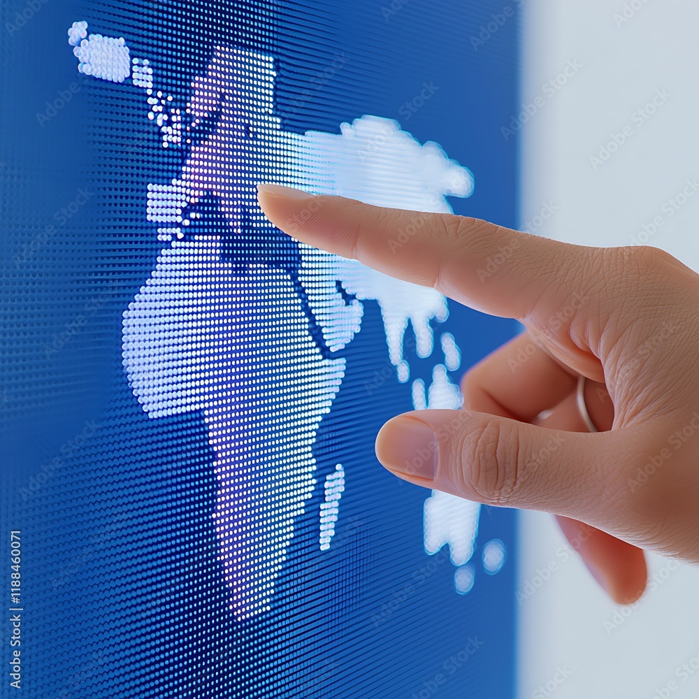 Poster a hand interacts with a digital world map displayed in vibrant colors, emphasizing connectivity and 