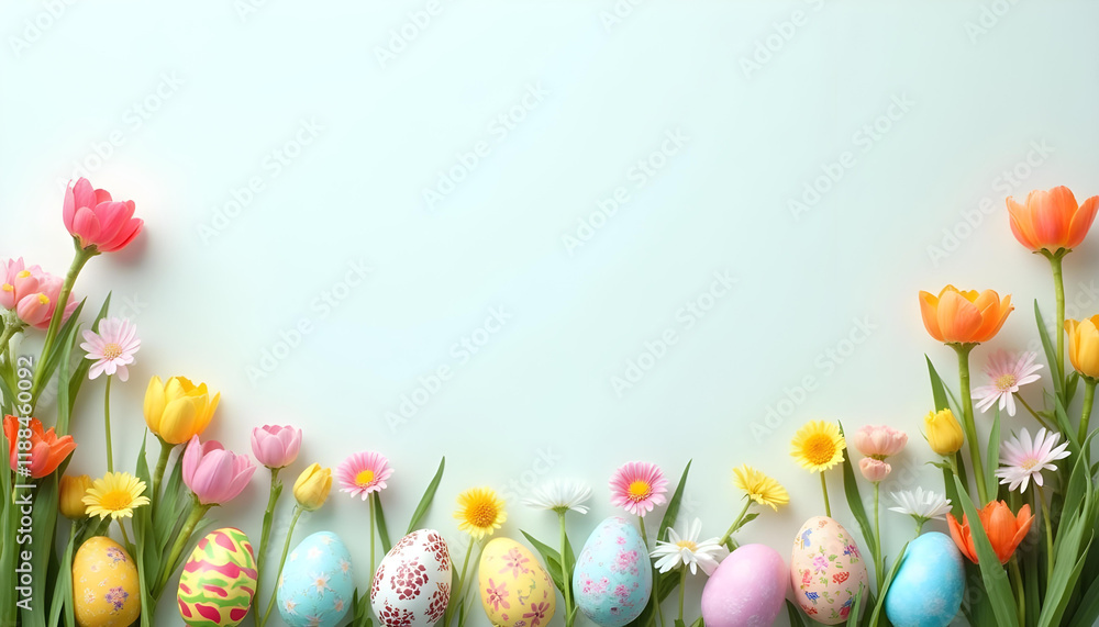 Wall mural Colorful Easter eggs and vibrant flowers create cheerful spring scene