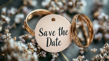 Gold wedding rings with save the date tag on a dark surface surrounded by flowers.