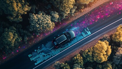 Aerial view of a car driving on a road with digital data overlay.