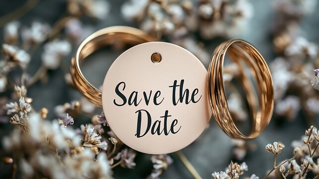 Gold wedding rings with save the date tag on a dark surface surrounded by flowers.