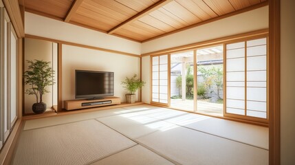 Fototapeta premium Modern Living Room Interior with Wooden Ceiling and White Walls, Wall-Mounted TV Stand, Sliding Doors to Terrace, Minimalist Japanese House Design