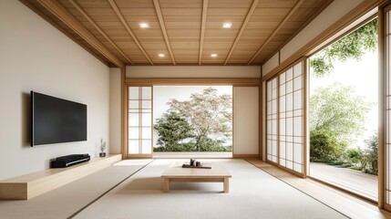 Fototapeta premium Modern Living Room Interior with Wooden Ceiling and White Walls, Wall-Mounted TV Stand, Sliding Doors to Terrace, Minimalist Japanese House Design