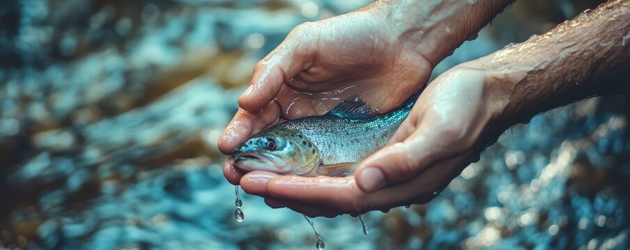  Hands holding a freshly caught fish.