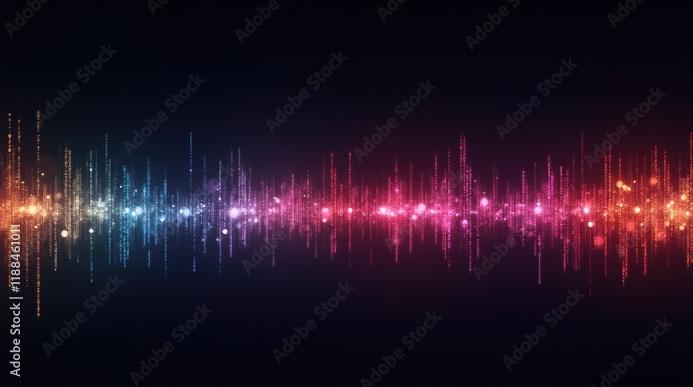 Poster vibrant and dynamic sound wave visualization with colorful light emissions in dark background