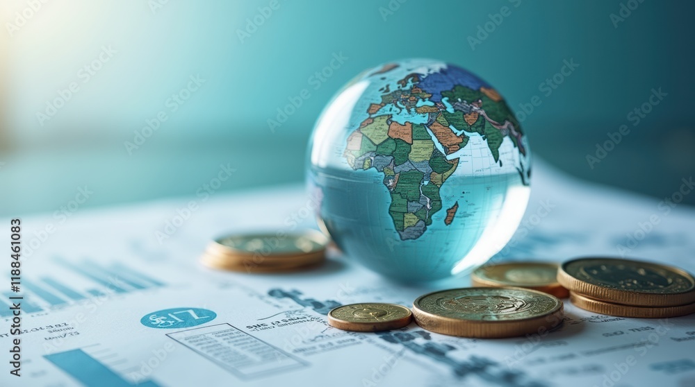 Poster a captivating visual representation of global economics with currency and a globe