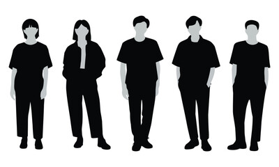 Vector silhouettes of men and a woman, a group of standing business people, profile, black color isolated on white background