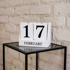 February 17th. February 17 wooden cube calendar on the glass table