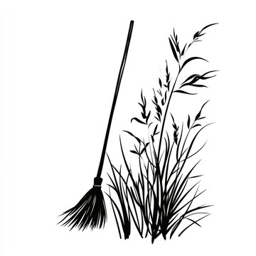 black broom next to tall grass clip art preview