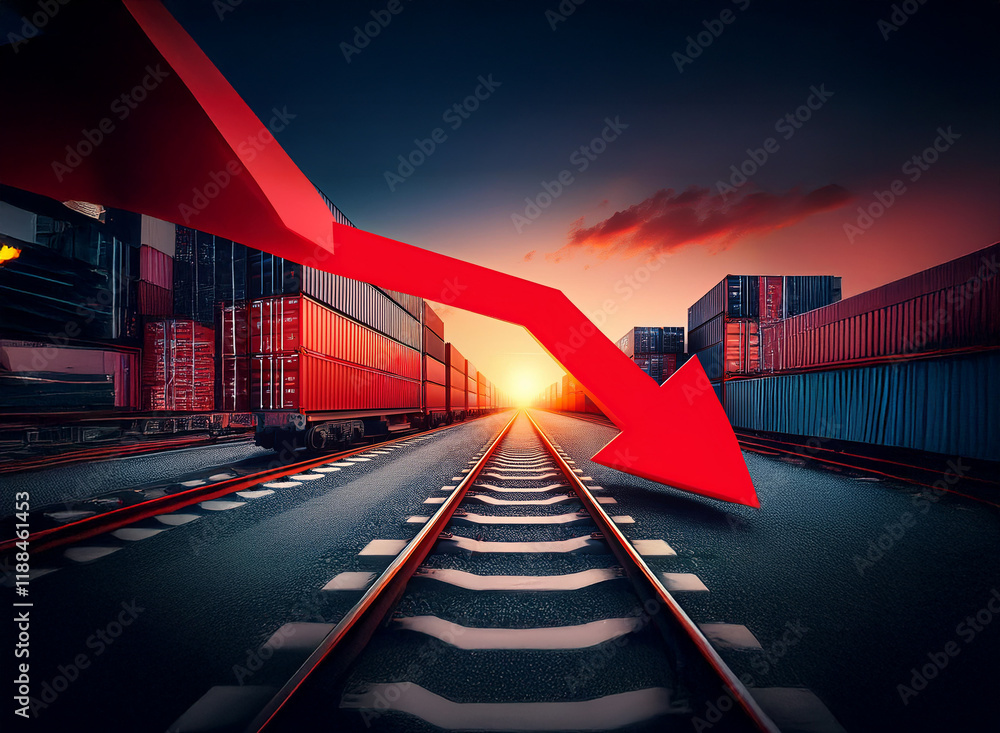 Poster a dramatic image depicting a large red arrow pointing downwards, set against a backdrop of cargo con