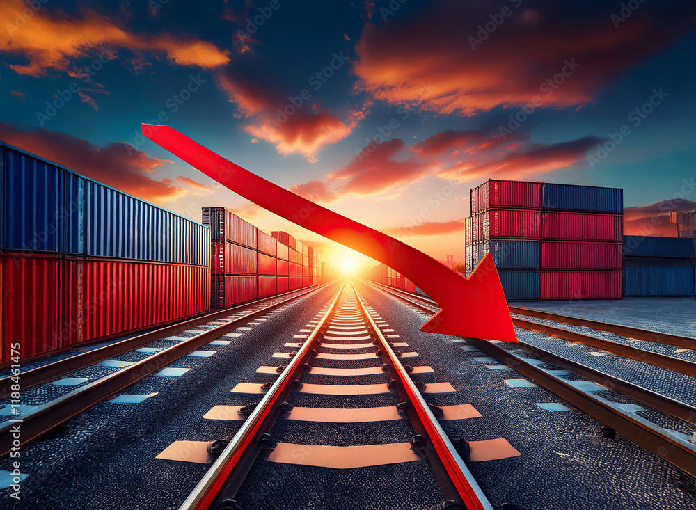 Poster a large red arrow points down over a railway leading to shipping containers, symbolizing a decline i