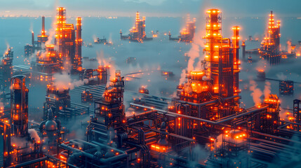 Fototapeta premium Industrial complex illuminated at dusk with smoke rising from multiple towers and pipes against a vibrant sky