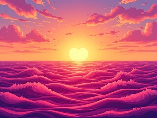 A vibrant cartoon-style sunset with a heart-shaped sun dipping into a sea waves.
