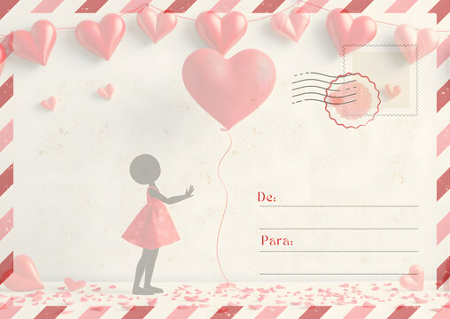 Postal de San Valent&iacute;n con corazones y espacio para escribir de: ...y Para:....
