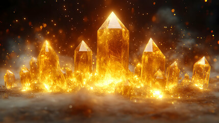 Luminous Golden Crystal Cluster Glowing with Magical Energy