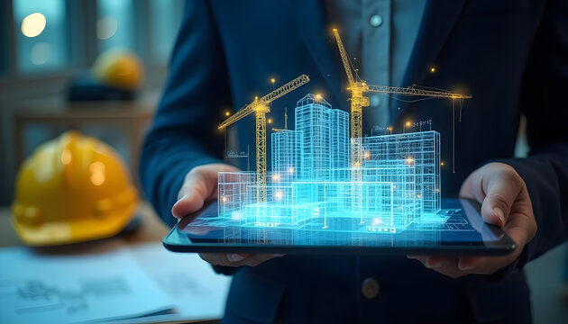 person holds tablet displaying futuristic construction project with cranes and buildings. scene conveys innovation and technology in architecture
