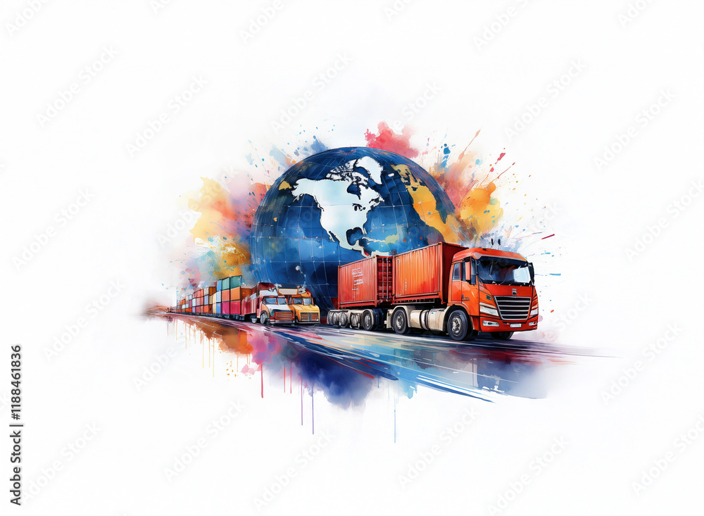 Poster a vibrant watercolor painting depicts a convoy of cargo trucks traversing a globe, symbolizing globa
