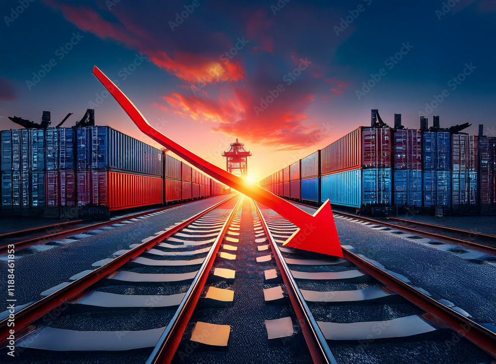 Poster a large red arrow points downwards across railroad tracks leading to container stacks at sunset, sym